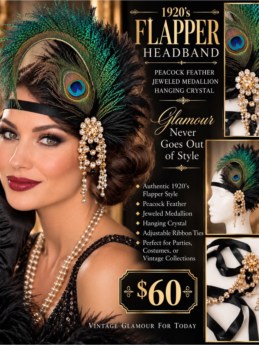 Peacock Feather 1920s Flapper Headband with Jeweled Medallion